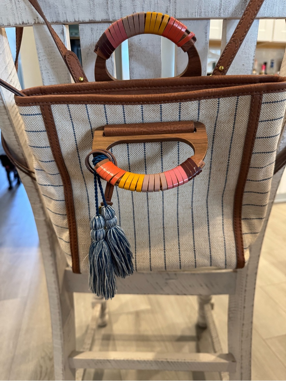 Fossil Striped Canvas Tote with Brown Trim and Multicolor Wrapped Handles